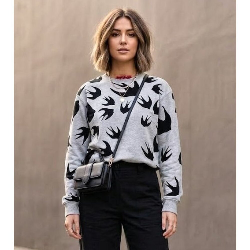 McQ Alexander McQueen Swallow Crewneck Sweatshirt, Gray & Black, Womens Size XS